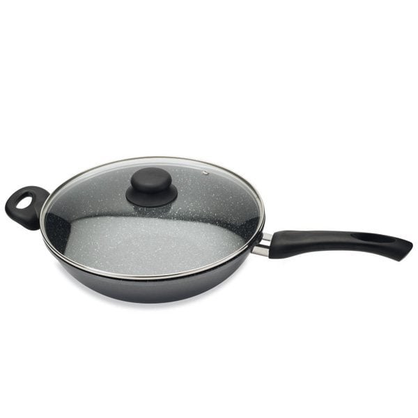Wok revêtement Dur comme la pierre 28 cm et couvercle en verre