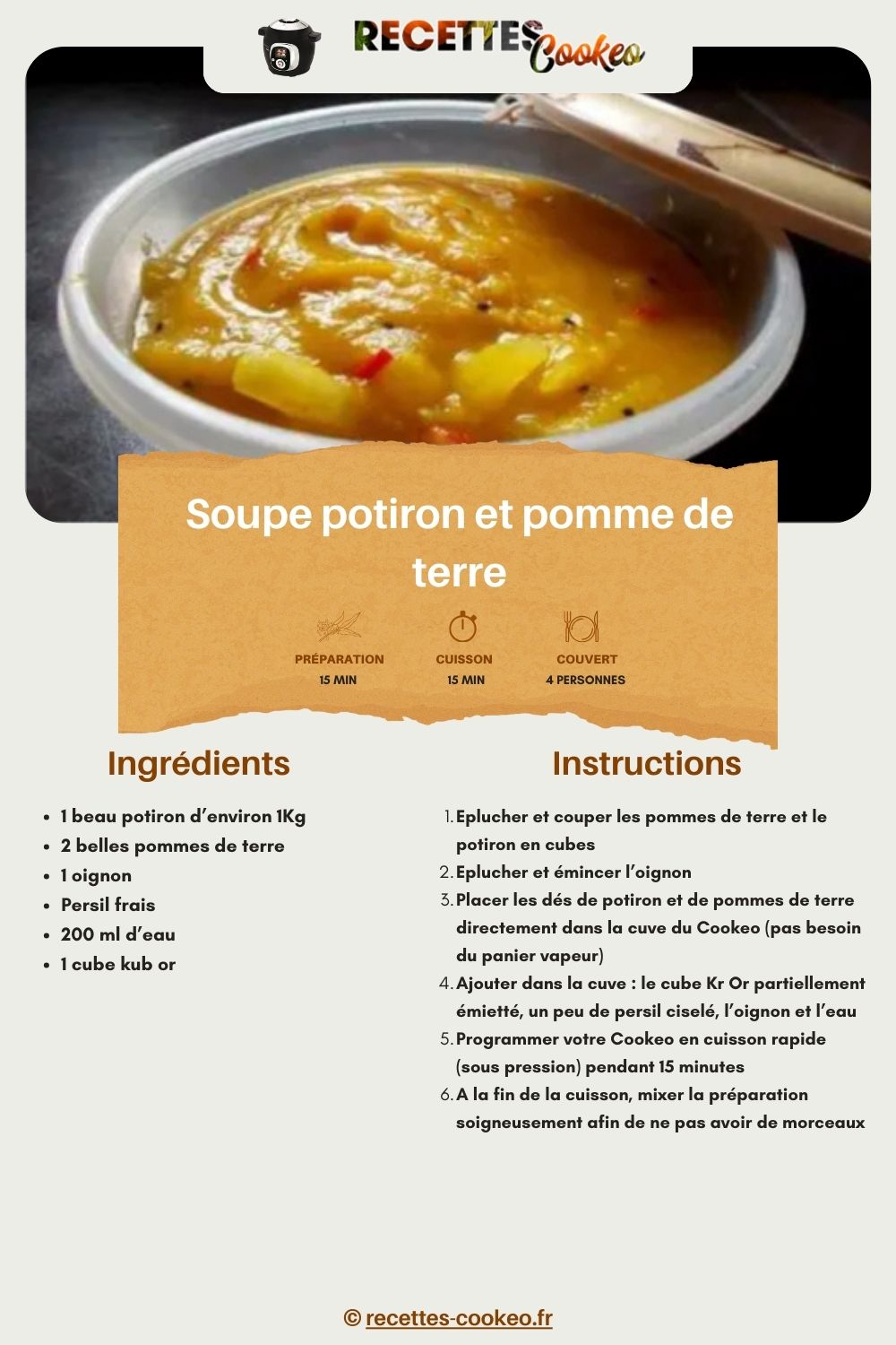 Soupe potiron et pomme de terre - Recettes Cookeo