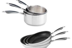 Batterie de cuisine Excell'inox 3 poêles inox revêtu et 3 casseroles inox Mathon