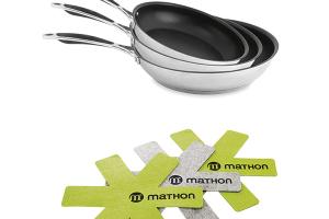Batterie de cuisine poêles anti-adhérentes Excell'Inox 20, 24 et 28 cm et 3 feutrines Mathon