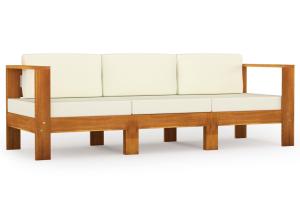 Canapé de jardin meuble extérieur 3 places et coussins blanc crème bois d'acacia 02_0013232