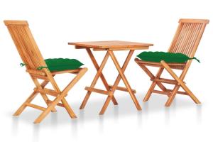Ensemble de bistro jardin meuble extérieur terrasse 3 pièces avec coussins vert bois de teck massif 02_0013517