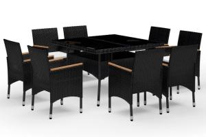 Ensemble à dîner salon de jardin meuble d'extérieur 9 pièces résine tressée et acacia noir  02_0014403