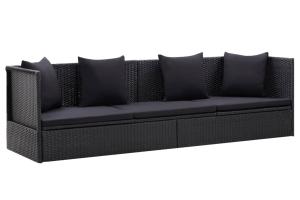 Lit de jardin avec coussin et oreiller résine tressée noir 02_0011999