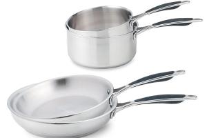 Lot 2 casseroles 16 et 20 cm et 2 poêles 24 et 28 cm tout inox Excell'Inox Mathon