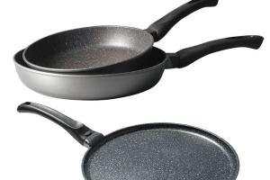 Lot 2 poêles 24 et 28 cm et 1 crêpière 26 cm revêtement Dur comme la pierre Mathon