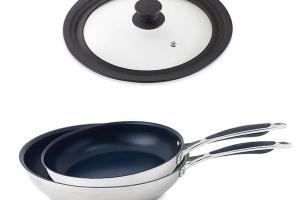 Lot 2 poêles inox antiadhérentes Excell'Inox 24 et 28 cm et couvercle multidiamètre Mathon