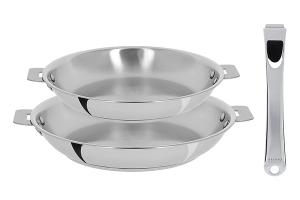 Lot 2 poêles tout inox Casteline 24 et 28 cm et manche amovible Cristel