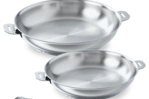 Lot 2 poêles tout inox Evolution 24 et 28 cm et manche silicone amovible   Beka