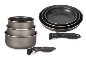 Lot 3 casseroles et 3 poêles  anti-adhésives Effet Pierre et 2 manches amovibles Mathon
