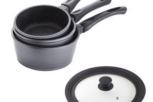 Lot 3 casseroles revêtement Dur comme la pierre 16, 18 et 20 cm et couvercle multidiamètre Mathon