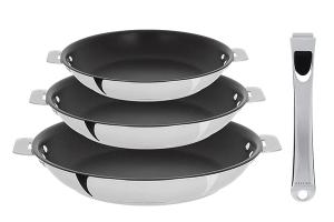 Lot 3 poêles inox antiadhérentes Casteline 20, 24 et 28 cm et manche amovible Cristel