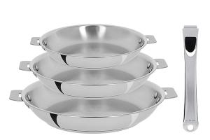 Lot 3 poêles tout inox Casteline 20, 24 et 28 cm et manche amovible Cristel