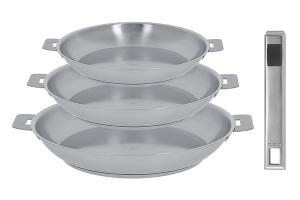Lot 3 poêles tout inox Strate 20, 24 et 28 cm et manche amovible Cristel