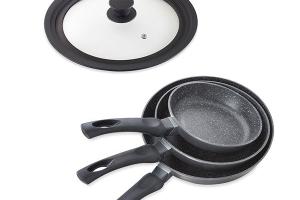Lot 3 poêles revêtement Dur comme la pierre 20, 24 et 28 cm et couvercle multidiamètre Mathon
