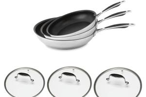 Lot 3 poêles revêtues et 3 couvercles Excell'Inox 20, 24 et 28 cm Mathon