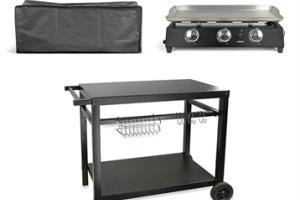 Lot plancha gaz 3 brûleurs avec chariot en métal et housse de protection