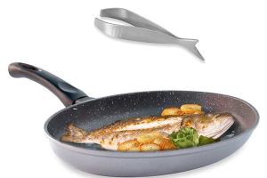 Lot poêle à poisson ovale revêtement Dur comme la pierre 34 cm et pince à arêtes Mathon