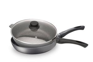 Lot poêle et sauteuse revêtement Dur comme la pierre 28 cm et couvercle en verre Mathon