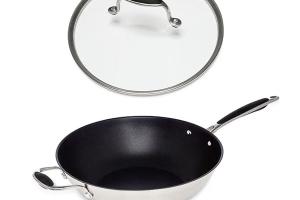 Lot wok inox antiadhérent et couvercle verre 30 cm Excell'Inox Mathon