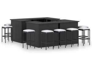 Meuble de bar de jardin 16 pièces et coussins résine tressée noir 02_0014498