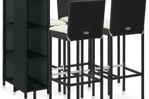 Meuble de bar de jardin 5 pièces et coussins résine tressée noir 02_0014504
