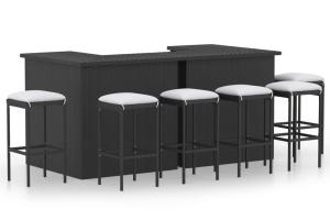 Meuble de bar de jardin 8 pièces avec coussins résine tressée noir 02_0014507