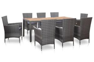 Mobilier à dîner de jardin 9 pièces et coussins résine tressée gris 02_0014843