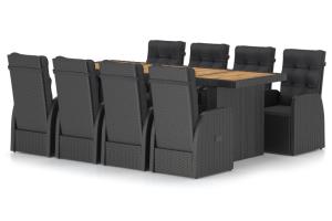 Mobilier à dîner jardin 9 pièces avec coussins résine tressée noir 02_0014936