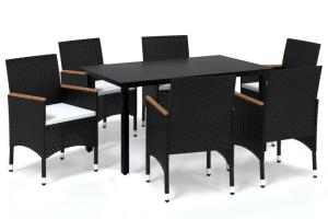 Mobilier à dîner de jardin et coussins 7 pièces résine tressée noir 02_0014914