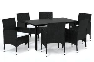 Mobilier à dîner de jardin et coussins 7 pièces résine tressée noir 02_0014915