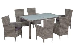 Mobilier à dîner salon de jardin 7 pièces et coussins résine tressée gris 02_0014819