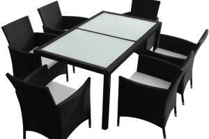 Mobilier à dîner salon de jardin 7 pièces avec coussins résine tressée noir 02_0014932
