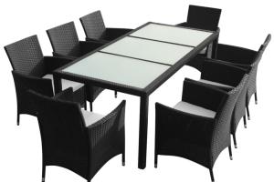 Mobilier à dîner salon de jardin 9 pièces et coussins résine tressée noir 02_0014845