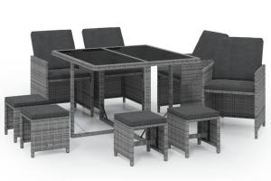 Mobilier à dîner salon de jardin et coussins 9 pièces résine tressée gris 02_0014916