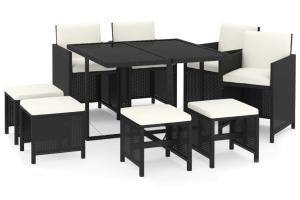 Mobilier à dîner salon de jardin et coussins 9 pièces résine tressée noir 02_0014917