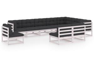 Salon de jardin meuble d'extérieur ensemble de mobilier 10 pièces avec coussins blanc bois de pin massif 02_0014978