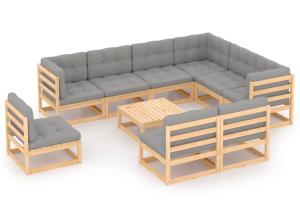 Salon de jardin meuble d'extérieur ensemble de mobilier 10 pièces avec coussins bois de pin massif 02_0014992