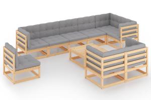 Salon de jardin meuble d'extérieur ensemble de mobilier 10 pièces avec coussins bois de pin massif 02_0014996