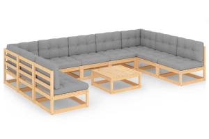 Salon de jardin meuble d'extérieur ensemble de mobilier 10 pièces avec coussins bois de pin massif 02_0014997