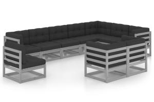 Salon de jardin meuble d'extérieur ensemble de mobilier 10 pièces avec coussins gris bois de pin massif 02_0015023