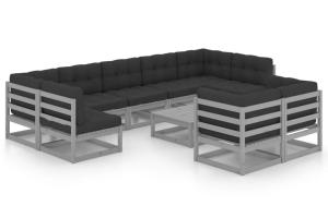 Salon de jardin meuble d'extérieur ensemble de mobilier 10 pièces avec coussins gris bois de pin massif 02_0015027