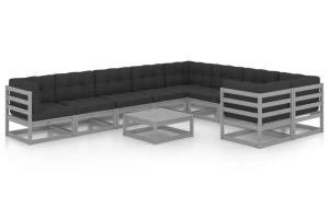 Salon de jardin meuble d'extérieur ensemble de mobilier 10 pièces avec coussins gris bois de pin massif 02_0015028