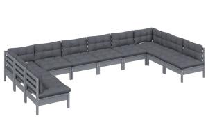 Salon de jardin meuble d'extérieur ensemble de mobilier 10 pièces avec coussins gris bois de pin solide 02_0015036