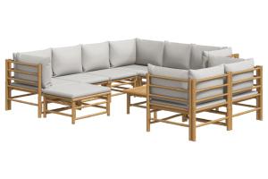 Salon de jardin meuble d'extérieur ensemble de mobilier 10 pièces avec coussins gris clair bambou 02_0015042