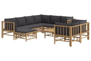 Salon de jardin meuble d'extérieur ensemble de mobilier 10 pièces avec coussins gris foncé bambou 02_0015043