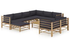 Salon de jardin meuble d'extérieur ensemble de mobilier 10 pièces avec coussins gris foncé bambou 02_0015044