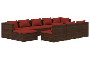 Salon de jardin meuble d'extérieur ensemble de mobilier 10 pièces avec coussins marron résine tressée 02_0015090