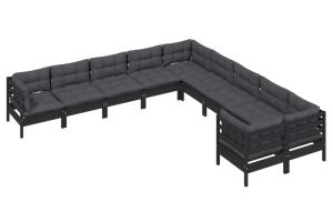 Salon de jardin meuble d'extérieur ensemble de mobilier 10 pièces avec coussins noir bois de pin 02_0015099