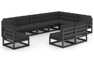 Salon de jardin meuble d'extérieur ensemble de mobilier 10 pièces avec coussins noir bois de pin massif 02_0015102